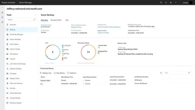 Рисунок 1: Панель управления Project Honolulu для Azure Backup в Windows Server 2019 Preview