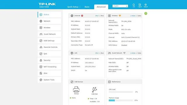 Панель управления TP-Link AC2600.
