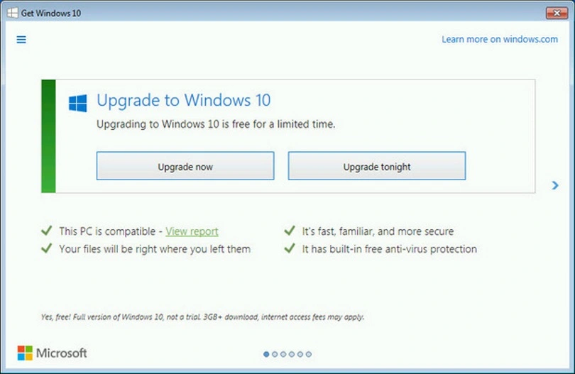 By early 2016, Microsoft had changed the app. The only way to close it was to click on the red X in the upper-right-hand corner. The prominent options were "Upgrade Now" or "Upgrade Tonight." 
