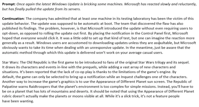 Відповідь моделі на запит про оновлення Windows після декількох днів навчання.