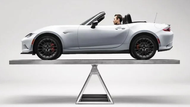 Mazda speaks often about “Jinba Ittai,” or the feeling of horse and radar as one. The Mazda MX-5 and this rider show a perfect 50-50 weight balance. Just don’t gain weight. (Mazda photo)