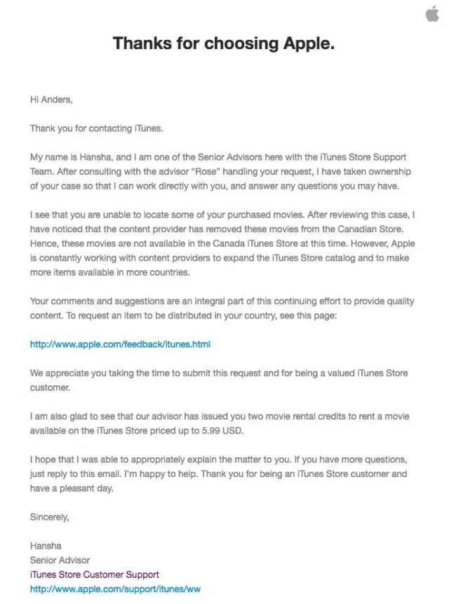 Apple не удаляет фильмы из учетной записи iTunes клиента