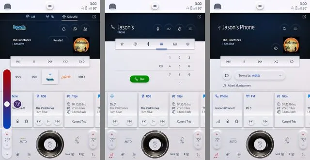 Ford Sync 4 15,5-дюймовый портретный дисплей с температурным слайдером, телефоном и музыкальными экранами. Чем больше дисплей - 8, 10 или 15,5 дюймов - тем больше информации и мозаики видят водитель и пассажир. (На главной фотографии показан 10-дюймовый дисплей.)