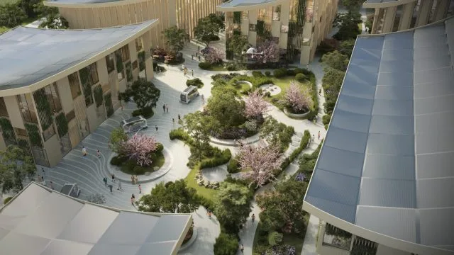 Courtyard сцена в тканых Сити Тойоты недалеко от горы Fuji.