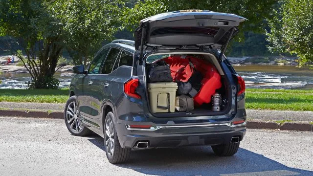 The GMC Terrain&#039;s cargo capacity is 29.6 cubic feet behind the second row seats, and 63.3 cubic feet with the second row folded flat. That’s typical for a compact SUV.