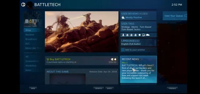 Buying a game is simple in Steam Link for Android.