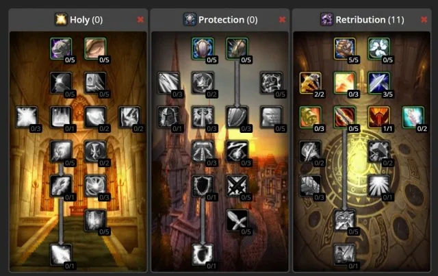 Технічно це скріншот з WoWHead, але він відображає дані з більшою роздільною здатністю, ніж обрізаний знімок у WoW. Класичний калькулятор талантів Паладін WoW