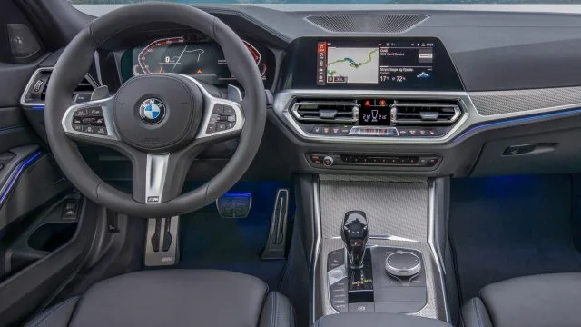 2019 BMW 3 Series buyers can get a 10.3-inch center stack display with navigation and a 12.3-inch digital instrument panel. The base car gets an 8.8-inch display and a 5.7-inch LCD set into the instrument panel. The iDrive controller continues for menu navigation.