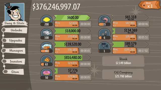 AdVenture Capitalist
Якщо ви коли-небудь грали в ігри, як Cookie Clicker або Candy Box, ви будете добре знайомі з тим, як ця гра працює. Розбившись на складові частини, ви зробите трохи більше, ніж клацніть кнопки і цифри годинника зростуть вище, але є щось настільки вісцерально задовольняє про цей стиль гри. AdVenture Capitalist, принципово, є допаміновою машиною. Важко пояснити привабливість, але оскільки це безкоштовно, ви можете просто піти самі. (Завантажити на Steam або дізнатися більше про IGN)