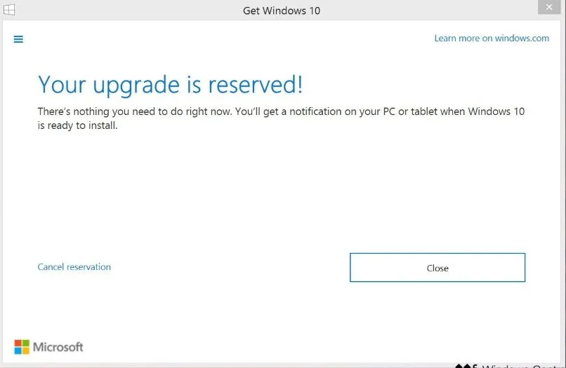 At first, the Get Windows 10 utility was friendly, with a "Cancel reservation" link in the lower-left. Clicking "Close" or the "X" in the upper-right hand corner closed the app. 