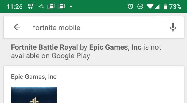 Google Play Маркет розповідає, що він не має Fortnite