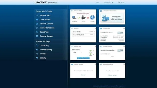 Панель управления Linksys EA7500.