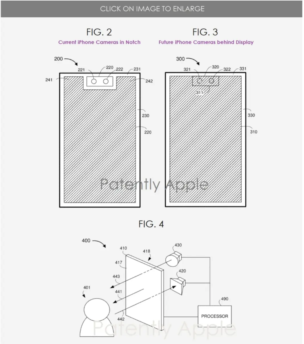 Apple предоставила патент, чтобы скрыть нота для iPhone, встраивать камеру на дисплее