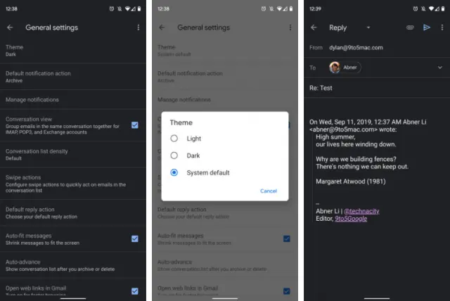 Темна тема Gmail, зображення через 9to5Google