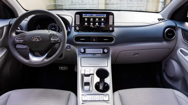 The cockpit of the Hyundai Kona EV is attractively finished with little shiny chrome brightwork inside or out, meaning there&#039;s less chance of glare hitting the driver&#039;s eyes.
