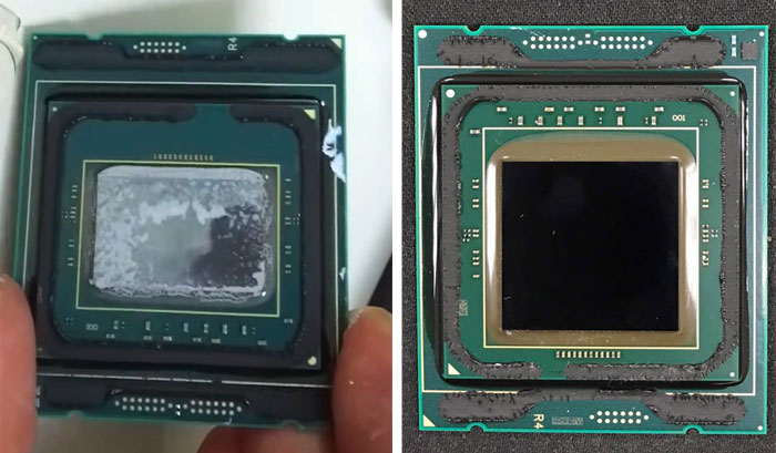 Intel’s 10-core i9-7900X on the left, while the 12-core i9-7920X is on the right. The 7920X is identical to the 18-core i9-7980XE. Image by Der8auer