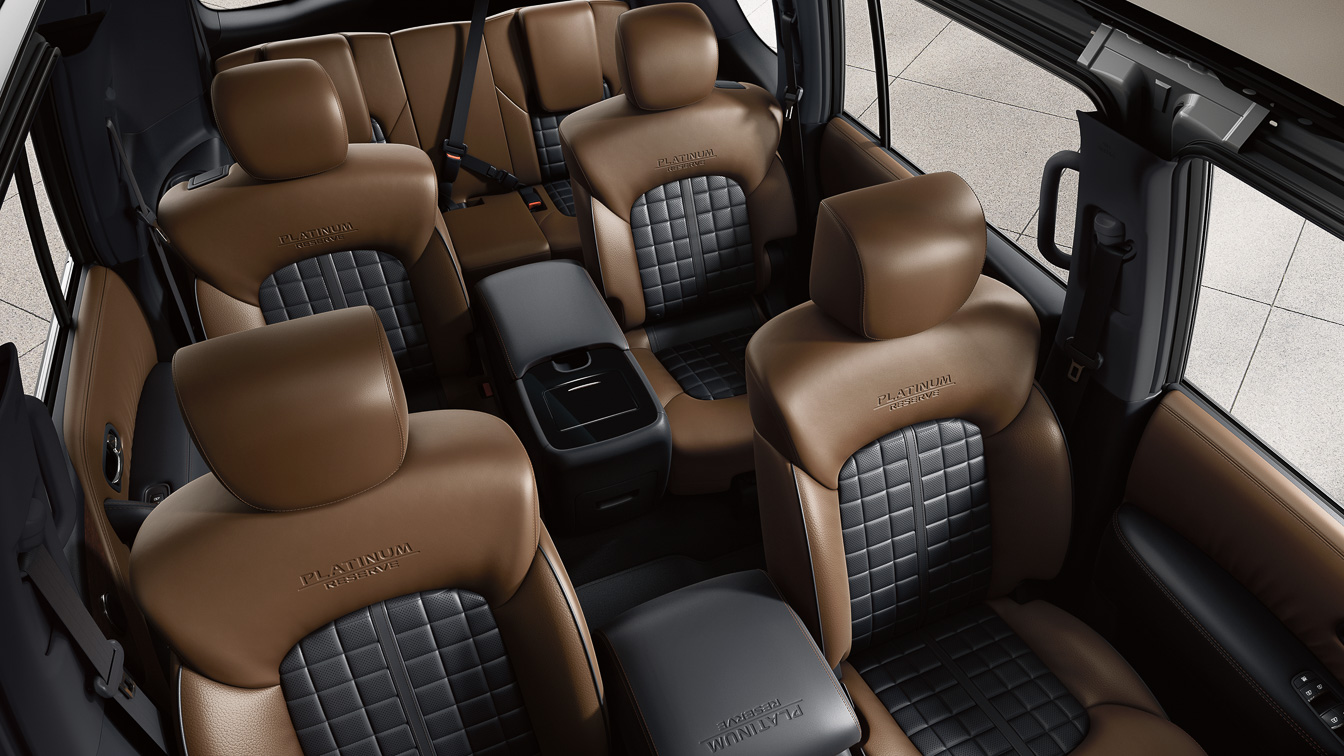 The Nissan Armada seats seven or eight. Here, the top, Platinum Reserve, trim line.
