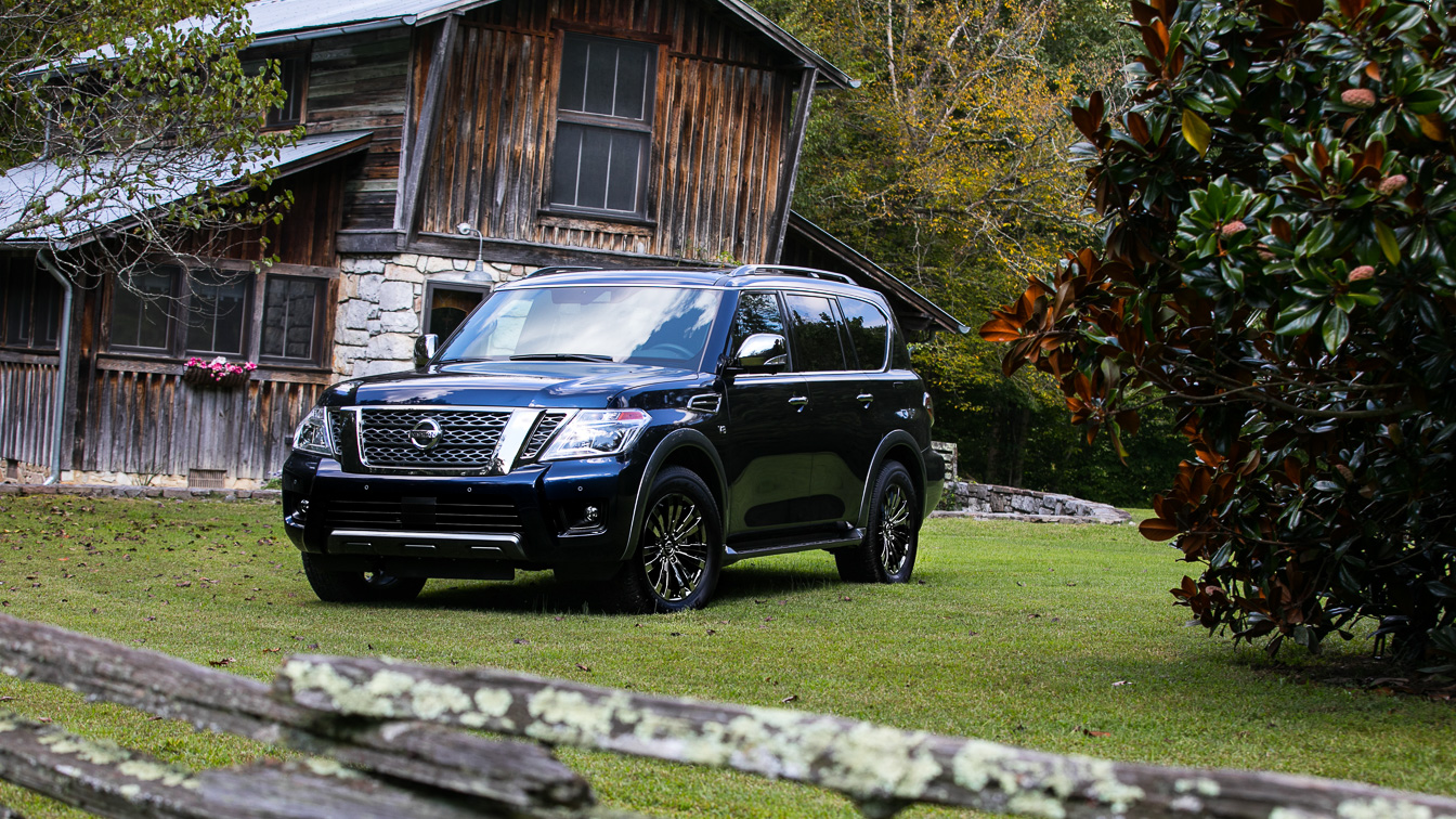 The Nissan Armada in summer. It&#039;s heavy on exterior details, especially the Platinum Reserve model with Dark Chrome exterior trim (front grille, door handles, outside mirrors) and 20-inch Dark Chrome wheels. There&#039;s no stealth mode for this 5,900-pound Armada. 