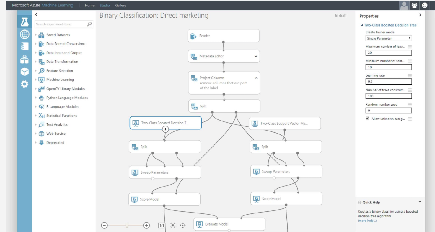 Програма Azure Machine Learning Workbench пропонує програму перетягування для створення рішень