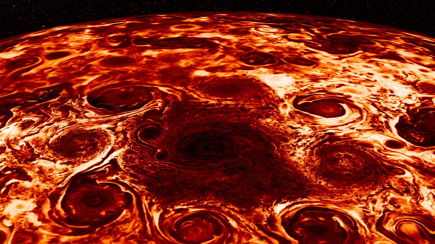 Juno Probe Reveals Jupiter’s Octagonal Vortex Cluster and Deep Cloud Stripes