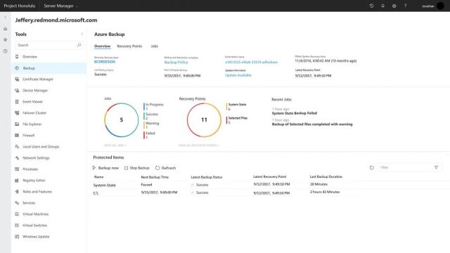 Малюнок 1: Панель керування проектом Honolulu для Azure Backup у попередньому огляді Windows Server 2019