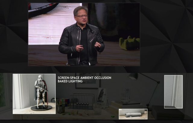 Nvidia CEO Jen-Hsun Huang explains how light baking has been used as a more efficient alternative to some of the capabilities available with ray tracing.