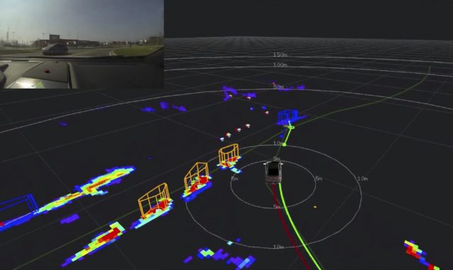 The CV1 processors do object recognition and motion tracking in addition to creating a 3D point cloud as you can see from this real time view of the car’s perceptual system