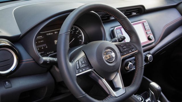 The D-shape steering wheel on all Nissan Kicks trim lines looks sporty, as on some race cars. It&#039;s also nice for drivers with big bellies and thighs. The top two-trim lines get a leather-wrapped wheel.