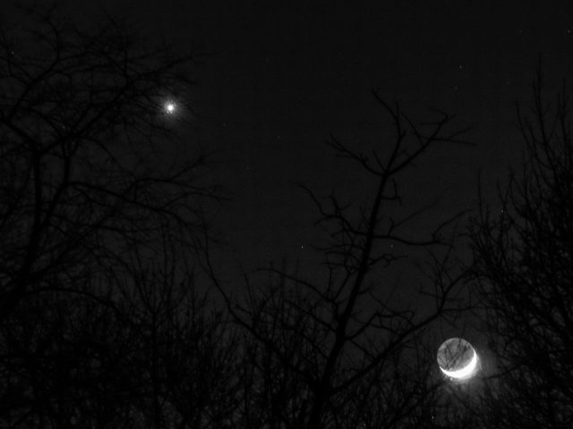 This alignment of the Moon and Venus was from New Year’s Day 2017, which I got with a tripod and the telephoto lens. It looks as good as it does because David Cardinal tweaked it for me.