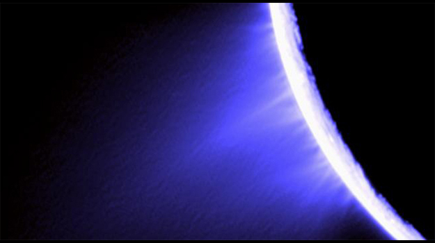 A colorized shot of the enormous ice jet of Enceladus.