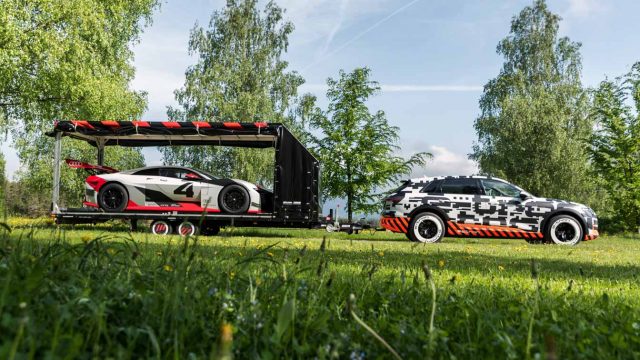 The Audi e-tron crossover will be able to pull a trailer, here shown with the Audi e-tron Vision Gran Turismo concept car.