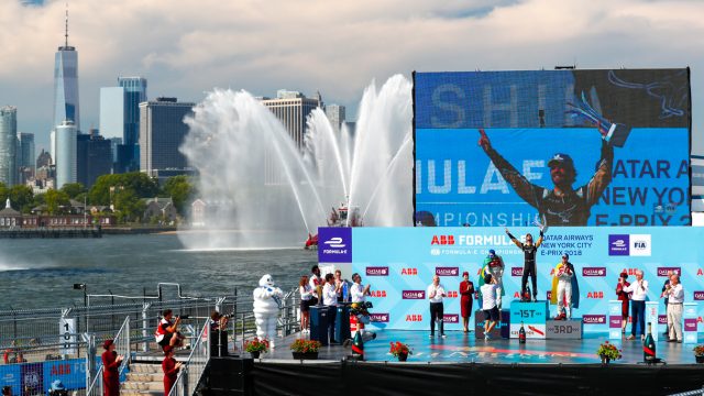 The season&#039;s final podium ceremony Sunday in Brooklyn, with Manhattan in the background. (Credit: Motorsport Images)