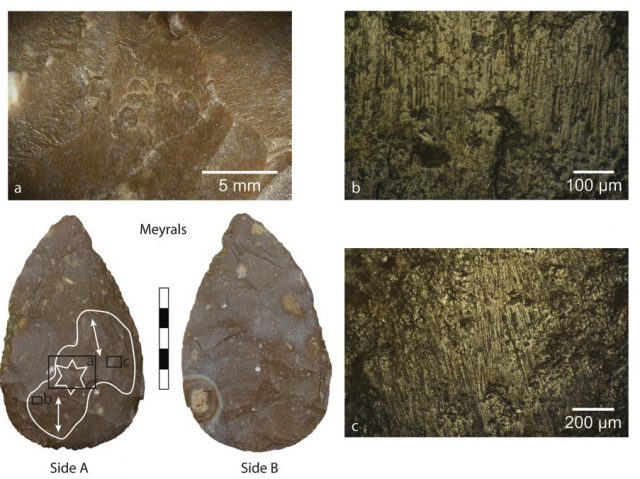 Some of the microwear patterns that may have come from striking pyrite against flint tools.