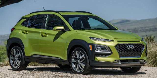 Lime Twist is the signature color of the subcompact Kona crossover. Eleven inches shorter than the Hyundai Tucson, the Kona helps Hyundai beef up its non-sedan offerings. Kona offers 147-hp four or 175-hp turbo four engines and front- or all-wheel-drive. Hyundai Smart Sense package provides driver alerts and intervention. The Kona competes with the Honda HR-V, Kia Soul, Mazda CX-3, Nissan Kicks and Nissan Rogue Sport, and the Subaru Crosstrek.