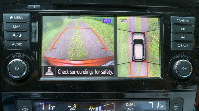 The “around view monitor” gives a 360-degree view from (seemingly) overhead. It stitches the output from four cameras and also alerts you to movement near the car (children, pets). Nissan is a pioneer in surround cameras.