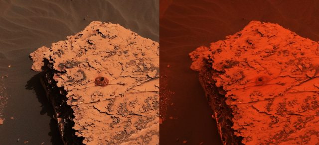 Curiosity photo of the same drill hole before the storm and after the storm hit, showing how much light is blocked by dust storms on Mars.