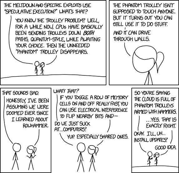 Изображение от XKCD. Вкусный текст: «В дополнение к rowhammer, оказывается, многие серверы также уязвимы для обычных молотов».