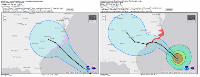 Shifting hurricane forecasts from Tuesday night (left) to Wednesday (right). Click to enlarge.