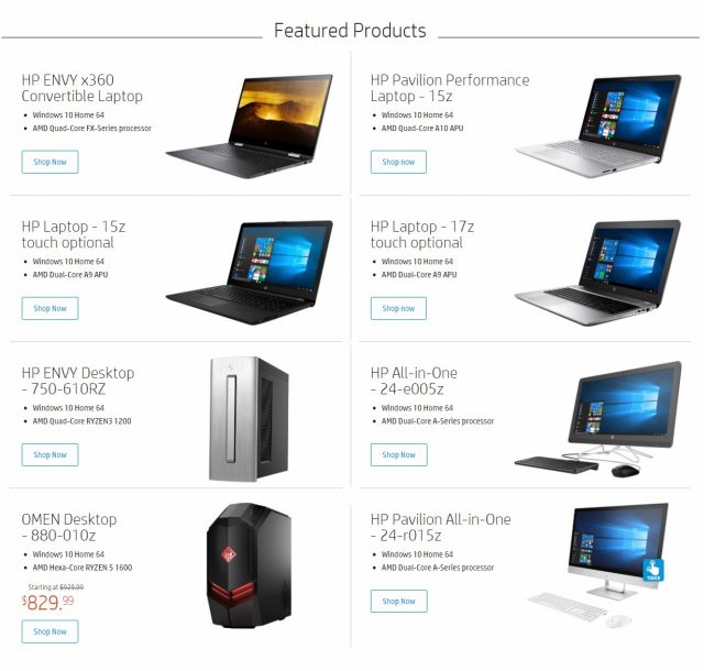 Eight incredible options, two actual choices, and one system that doesn’t suck. Imagine if six of the eight Intel machines HP showed you were based on Atom except for one bottom-end Core i3 and one Core i5. And this is the AMD landing page at HP.