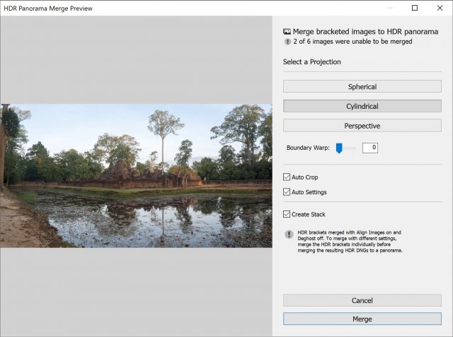 The new HDR Pano feature is a real time saver as long as your images are carefully bracketed and you don’t need to do de-ghosting. In some cases, I had a series of bracketed images that it wouldn’t process but doesn’t provide details. My manual inspection of the EXIF data indicated they all seemed consistently bracketed. Hopefully, the tool will eventually provide more feedback about situations like that.