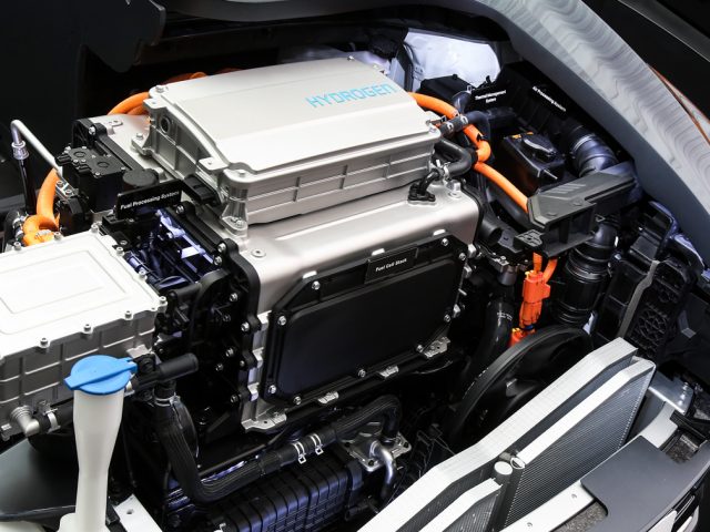 The hydrogen stack of fuel cell membranes in the front ("engine") compartment. 