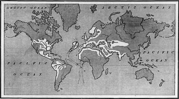 A late 19th-century map showing Atlantis in the middle of the Atlantic.