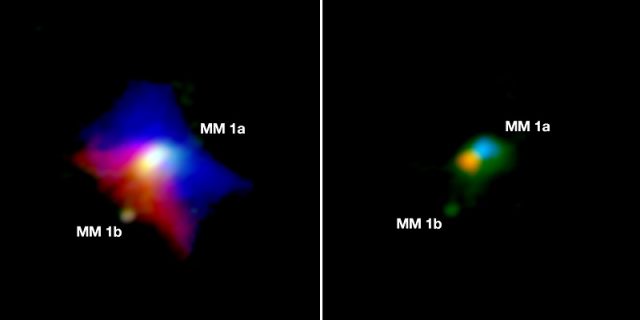 Викиди пилу та газ навколо MM1a. Викиди пилу знаходяться в зеленому кольорі, червоний газ відходить від зірки, а блакитний газ наближається до зірки. MM 1b рухається в лівому нижньому куті обох зображень. Кредит: ALMA (ESO / NAOJ / NRAO); Дж. Д. Ілі, Університет Лідса