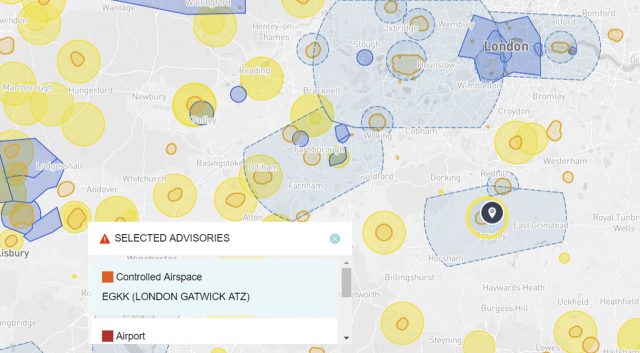 An airmap of controlled airspace around Gatwick.