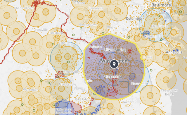 The area around Washington DC is a thicket of no-fly zones as shown by this clip from AirMap