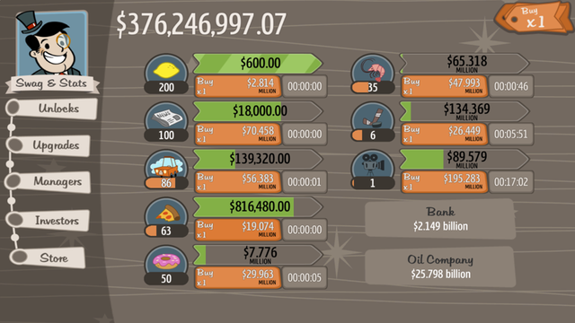 AdVenture Capitalist

Якщо ви коли-небудь грали в ігри, як Cookie Clicker або Candy Box, ви будете добре знайомі з тим, як ця гра працює. Розбившись на складові частини, ви зробите трохи більше, ніж клацніть кнопки і цифри годинника зростуть вище, але є щось настільки вісцерально задовольняє про цей стиль гри. AdVenture Capitalist, принципово, є допаміновою машиною. Важко пояснити привабливість, але оскільки це безкоштовно, ви можете просто піти самі. (Завантажити на Steam або дізнатися більше про IGN)