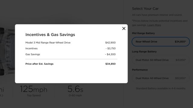 Write the check for $42,900 plus sales tax. Tesla’s $35,000 price-after-savings assumes you’ll get the tax credit and you’ll save four grand in fuel costs versus, say, a BMW 3 Series. More savings if Tesla throws in the Ginsu knives.