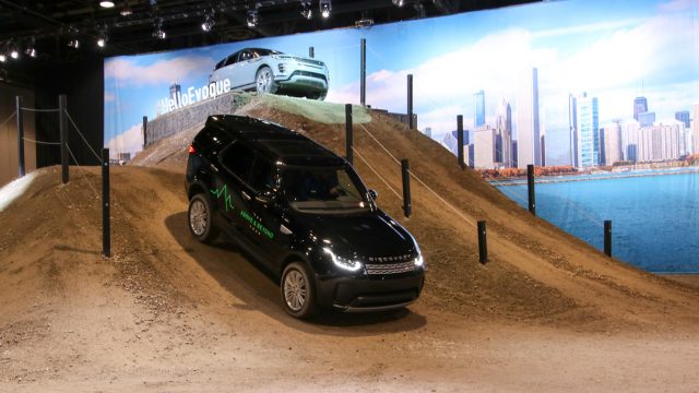 Land Rover built a hill-climb course inside McCormick to show off the new Range Rover Evoque (top of photo) and its other vehicles. The 2020 Evoque generates 296 hp, boosted by the torqque of a 48-volt hybrid electric motor.