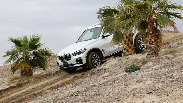 The X5 descending a hill. The X5 can handle ascent, descent, and one-side-raised angles that will make you wish for a spotter. The front camera is most helpful for seeing just in front of the hood. 