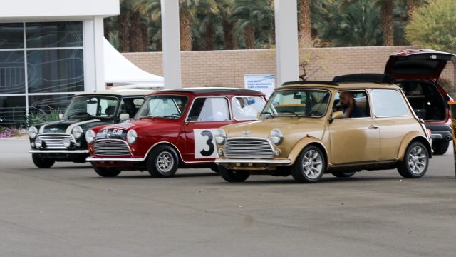 On display: historic Minis Coopers dating to the early 1960s. The Mini was the forerunning of today&#039;s most common drivetrain architecture: engine in front, transmission in front, driven wheels in front. That allows more cockpit and rear trunk room. A half-dozen front-drive BMWs are in the offing (most with AWD options). Some will share technology with Mini, which BMW has owned since 2000. 